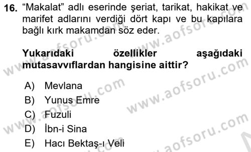 Kültür Tarihi Dersi 2023 - 2024 Yılı (Vize) Ara Sınavı 16. Soru