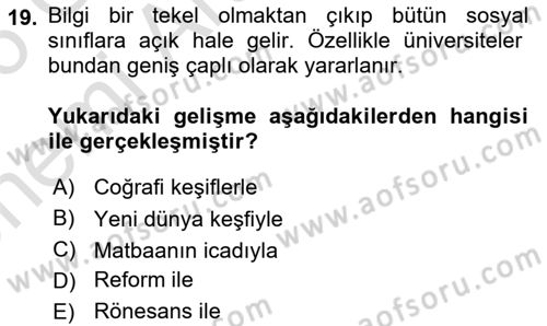 Kültür Tarihi Dersi 2025 - 2026 Yılı (Vize) Ara Sınav Soruları 19. Soru