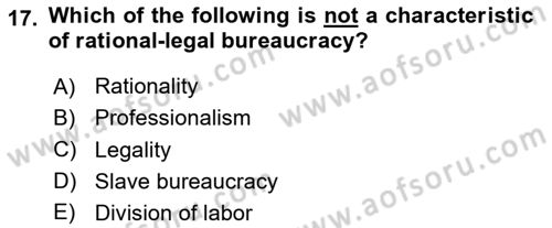 Introduction To Public Administration Dersi 2023 - 2024 Yılı (Vize) Ara Sınav Soruları 17. Soru