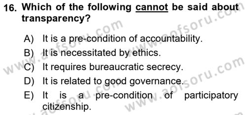 Introduction To Public Administration Dersi 2023 - 2024 Yılı (Final) Dönem Sonu Sınav Soruları 16. Soru