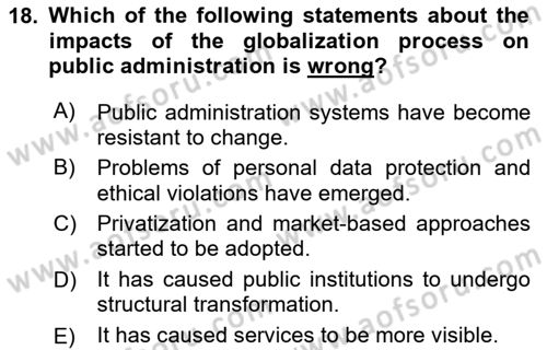 Introduction To Public Administration Dersi 2023 - 2024 Yılı (Final) Dönem Sonu Sınav Soruları 18. Soru