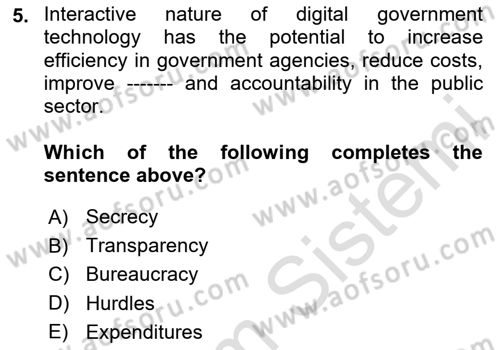 Introduction To Public Administration Dersi 2023 - 2024 Yılı (Final) Dönem Sonu Sınav Soruları 5. Soru