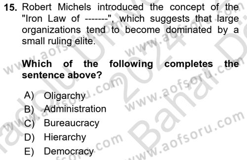 Introduction To Public Administration Dersi 2024 - 2025 Yılı (Vize) Ara Sınav Soruları 15. Soru