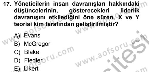 Yönetim Bilimi 1 Dersi Ara Sınavı Deneme Sınav Soruları 17. Soru