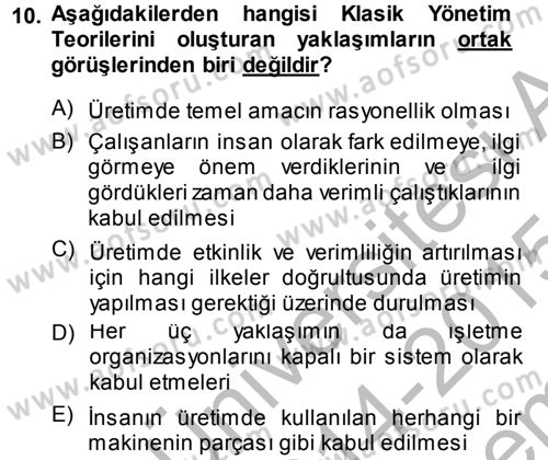 Yönetim Bilimi 1 Dersi 2014 - 2015 Yılı (Final) Dönem Sonu Sınav Soruları 10. Soru