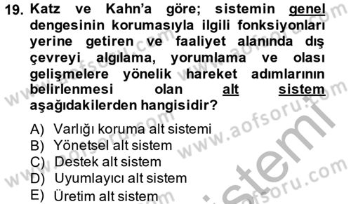 Yönetim Bilimi 1 Dersi 2014 - 2015 Yılı (Final) Dönem Sonu Sınav Soruları 19. Soru