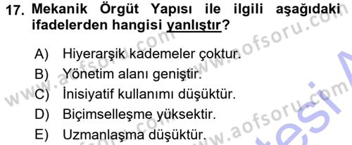 Yönetim Bilimi 1 Dersi 2015 - 2016 Yılı (Final) Dönem Sonu Sınav Soruları 17. Soru