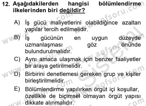 Yönetim Bilimi 1 Dersi Ara Sınavı Deneme Sınav Soruları 12. Soru