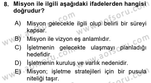 Yönetim Bilimi 1 Dersi Ara Sınavı Deneme Sınav Soruları 8. Soru