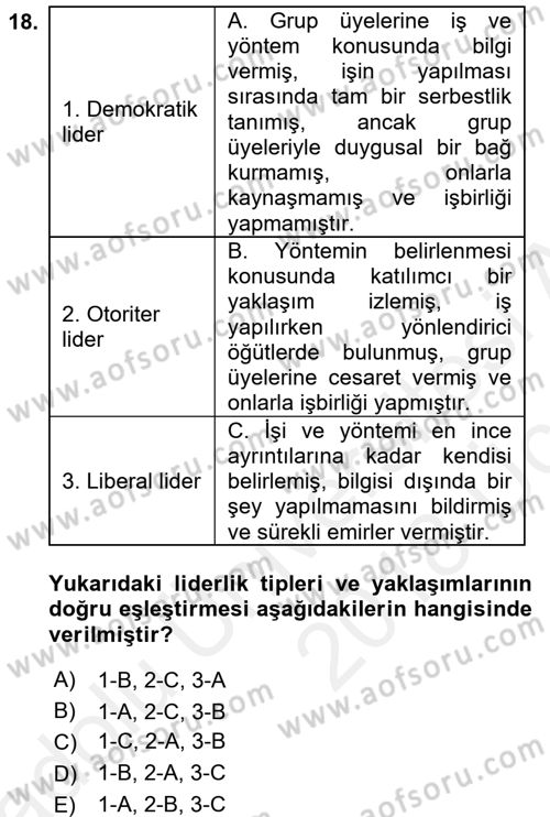 Yönetim Bilimi 1 Dersi 2017 - 2018 Yılı 3 Ders Sınav Soruları 18. Soru