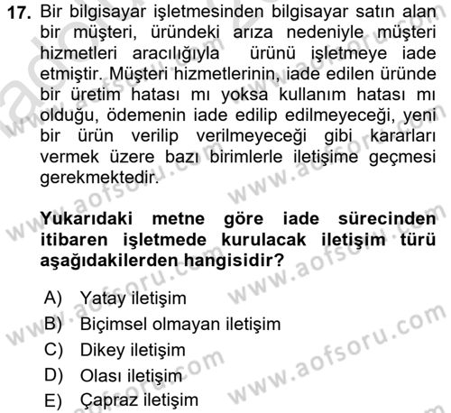 Yönetim Bilimi 1 Dersi 2017 - 2018 Yılı (Vize) Ara Sınav Soruları 17. Soru