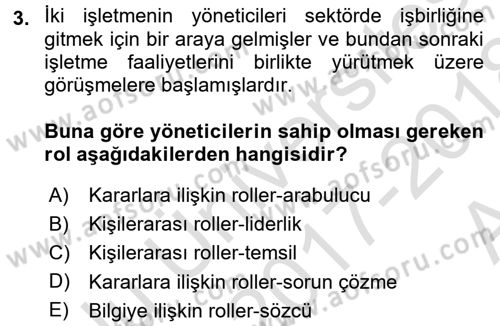 Yönetim Bilimi 1 Dersi Ara Sınavı Deneme Sınav Soruları 3. Soru