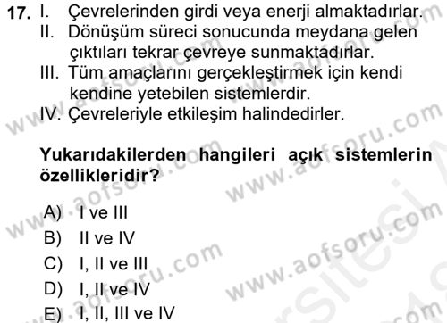Yönetim Bilimi 1 Dersi 2017 - 2018 Yılı (Final) Dönem Sonu Sınav Soruları 17. Soru