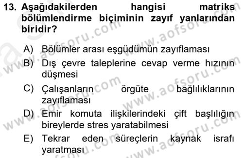 Yönetim Bilimi 1 Dersi Ara Sınavı Deneme Sınav Soruları 13. Soru