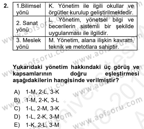 Yönetim Bilimi 1 Dersi Ara Sınavı Deneme Sınav Soruları 2. Soru