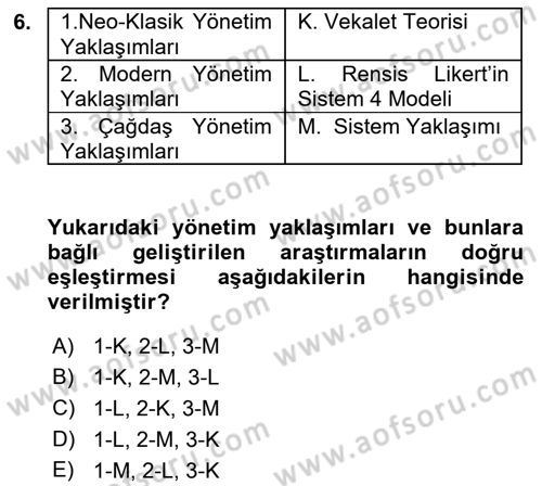 Yönetim Bilimi 1 Dersi Ara Sınavı Deneme Sınav Soruları 6. Soru