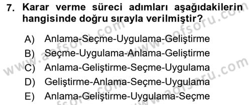 Yönetim Bilimi 1 Dersi Ara Sınavı Deneme Sınav Soruları 7. Soru