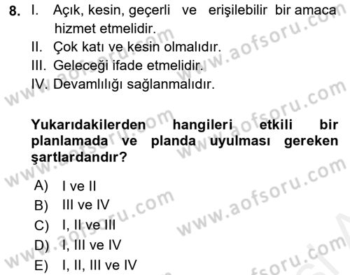 Yönetim Bilimi 1 Dersi Ara Sınavı Deneme Sınav Soruları 8. Soru