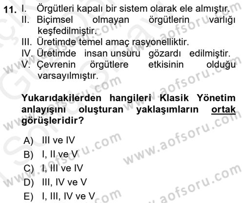 Yönetim Bilimi 1 Dersi 2018 - 2019 Yılı (Final) Dönem Sonu Sınav Soruları 11. Soru