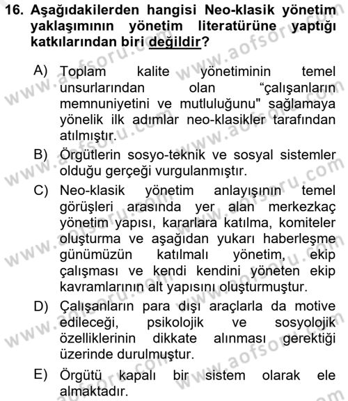 Yönetim Bilimi 1 Dersi 2018 - 2019 Yılı (Final) Dönem Sonu Sınav Soruları 16. Soru