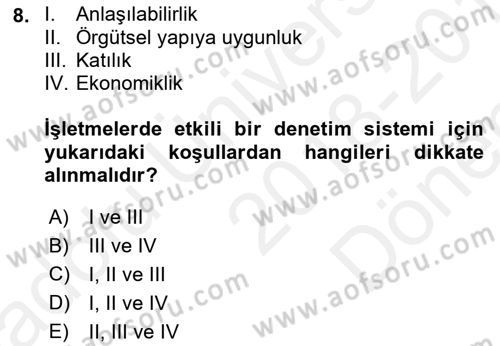 Yönetim Bilimi 1 Dersi 2018 - 2019 Yılı (Final) Dönem Sonu Sınav Soruları 8. Soru