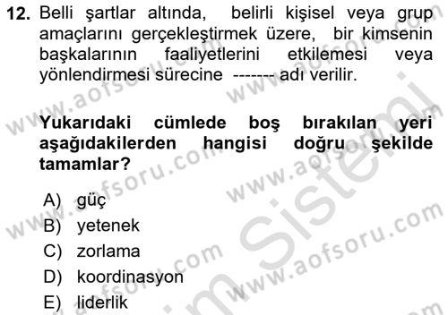 Yönetim Bilimi 1 Dersi Ara Sınavı Deneme Sınav Soruları 12. Soru