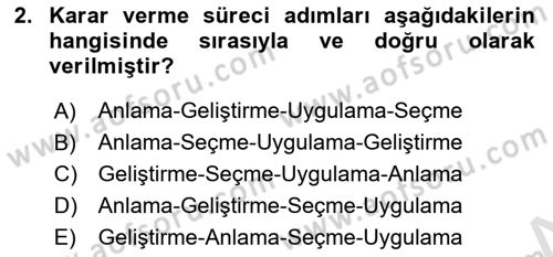 Yönetim Bilimi 1 Dersi Ara Sınavı Deneme Sınav Soruları 2. Soru