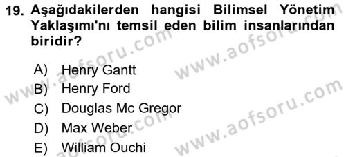 Yönetim Bilimi 1 Dersi 2020 - 2021 Yılı Yaz Okulu Sınav Soruları 19. Soru