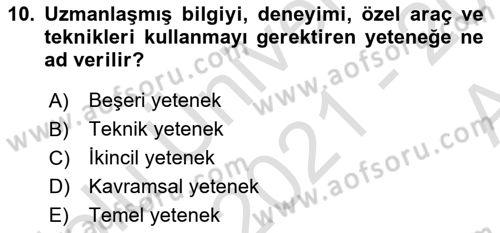 Yönetim Bilimi 1 Dersi Ara Sınavı Deneme Sınav Soruları 10. Soru