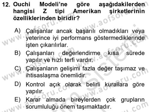 Yönetim Bilimi 1 Dersi Ara Sınavı Deneme Sınav Soruları 12. Soru