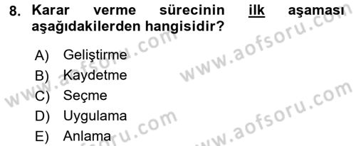 Yönetim Bilimi 1 Dersi 2021 - 2022 Yılı (Vize) Ara Sınav Soruları 8. Soru