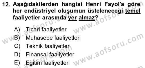 Yönetim Bilimi 1 Dersi 2021 - 2022 Yılı (Final) Dönem Sonu Sınavı 12. Soru