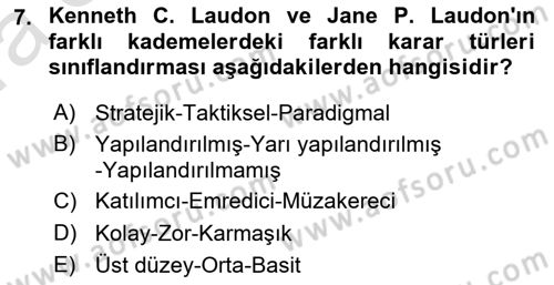Yönetim Bilimi 1 Dersi Ara Sınavı Deneme Sınav Soruları 7. Soru