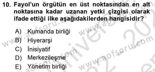 Yönetim Bilimi 1 Dersi 2022 - 2023 Yılı (Final) Dönem Sonu Sınav Soruları 10. Soru