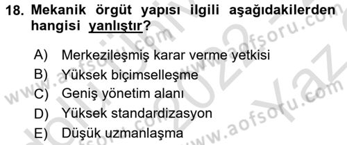 Yönetim Bilimi 1 Dersi 2022 - 2023 Yılı Yaz Okulu Sınav Soruları 18. Soru
