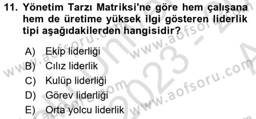 Yönetim Bilimi 1 Dersi Ara Sınavı Deneme Sınav Soruları 11. Soru