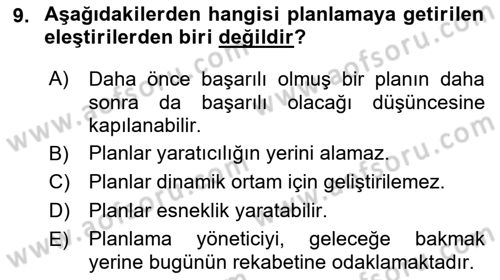Yönetim Bilimi 1 Dersi Ara Sınavı Deneme Sınav Soruları 9. Soru