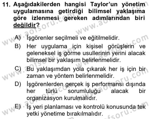 Yönetim Bilimi 1 Dersi 2023 - 2024 Yılı Yaz Okulu Sınav Soruları 11. Soru