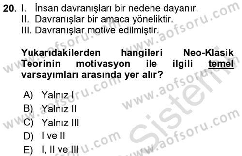 Yönetim Bilimi 1 Dersi 2023 - 2024 Yılı Yaz Okulu Sınav Soruları 20. Soru