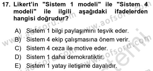 Yönetim Bilimi 1 Dersi 2024 - 2025 Yılı (Vize) Ara Sınav Soruları 17. Soru