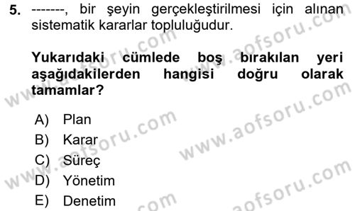 Yönetim Bilimi 1 Dersi 2024 - 2025 Yılı (Vize) Ara Sınav Soruları 5. Soru