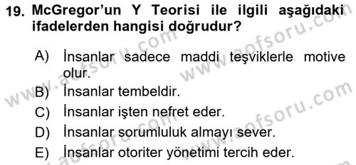 Yönetim Bilimi 1 Dersi 2024 - 2025 Yılı (Final) Dönem Sonu Sınav Soruları 19. Soru