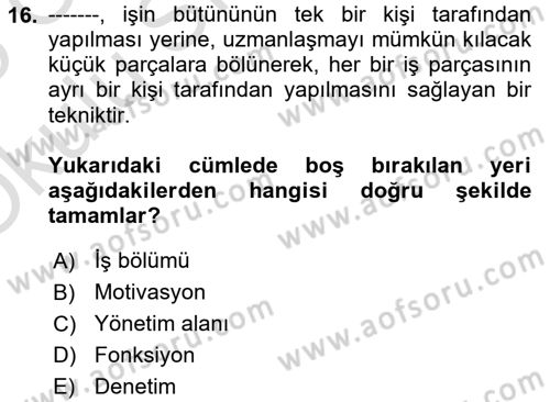 Yönetim Bilimi 1 Dersi 2024 - 2025 Yılı Yaz Okulu Sınav Soruları 16. Soru