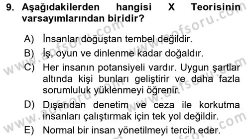 Yönetim Bilimi 1 Dersi 2024 - 2025 Yılı Yaz Okulu Sınav Soruları 9. Soru