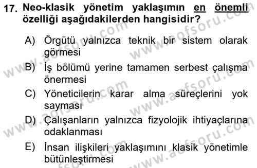 Yönetim Bilimi 1 Dersi 2025 - 2026 Yılı (Final) Dönem Sonu Sınav Soruları 17. Soru