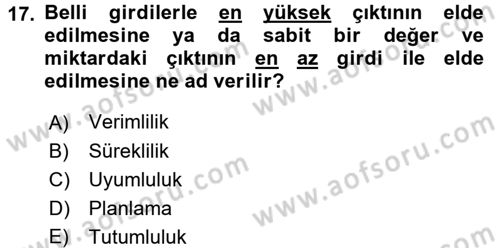 Yönetim Bilimi 2 Dersi 2015 - 2016 Yılı (Vize) Ara Sınavı 17. Soru