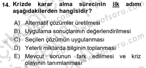 Yönetim Bilimi 2 Dersi 2023 - 2024 Yılı Yaz Okulu Sınav Soruları 14. Soru