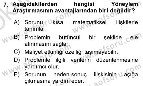 Yönetim Bilimi 2 Dersi 2023 - 2024 Yılı Yaz Okulu Sınav Soruları 7. Soru