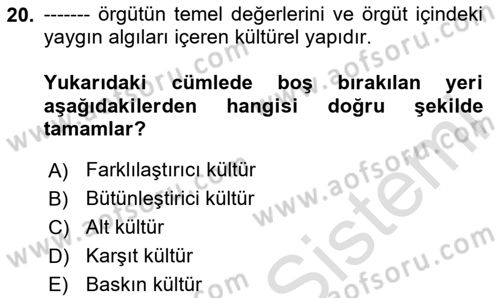 Yönetim Bilimi 2 Dersi 2024 - 2025 Yılı (Final) Dönem Sonu Sınav Soruları 20. Soru