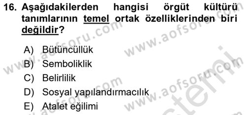 Yönetim Bilimi 2 Dersi 2024 - 2025 Yılı Yaz Okulu Sınav Soruları 16. Soru